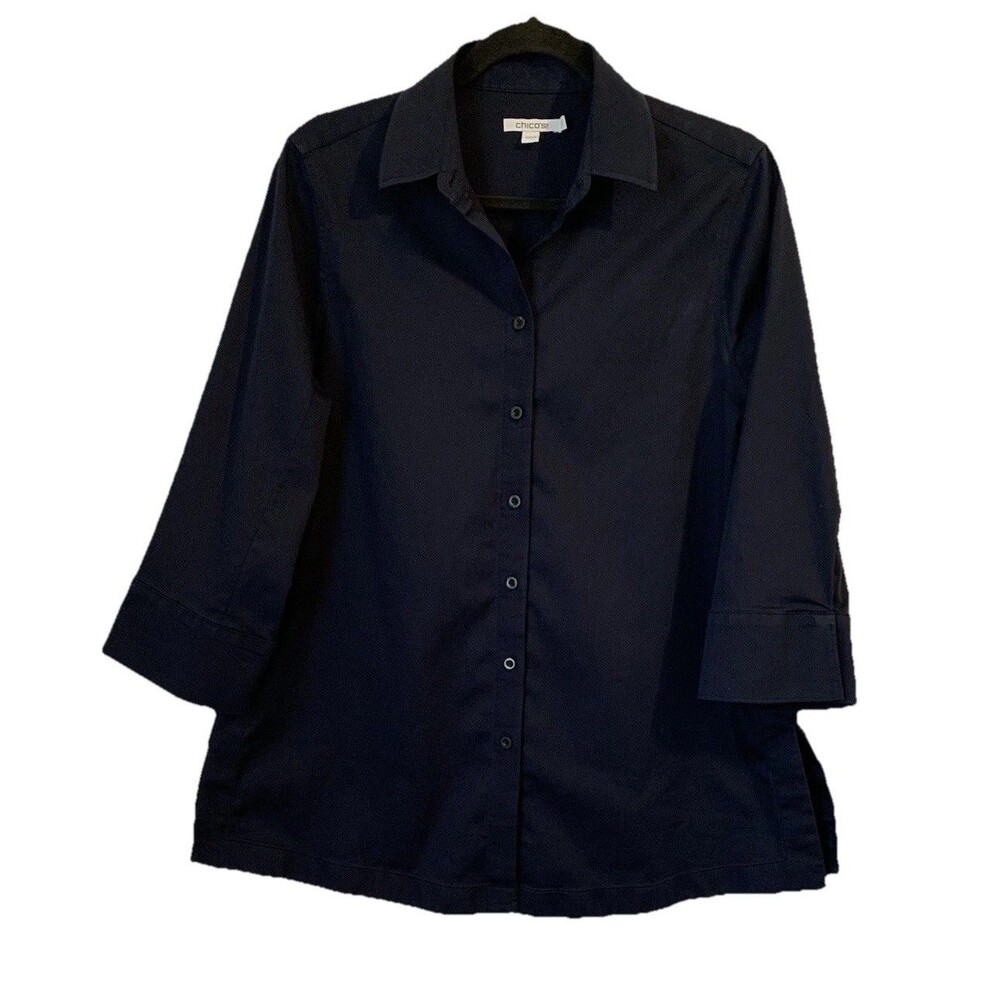 Chicos Size 0.5 Womens 6 Button Up Shirt Navy Blue Stretch Collared 3/4 Sleeves